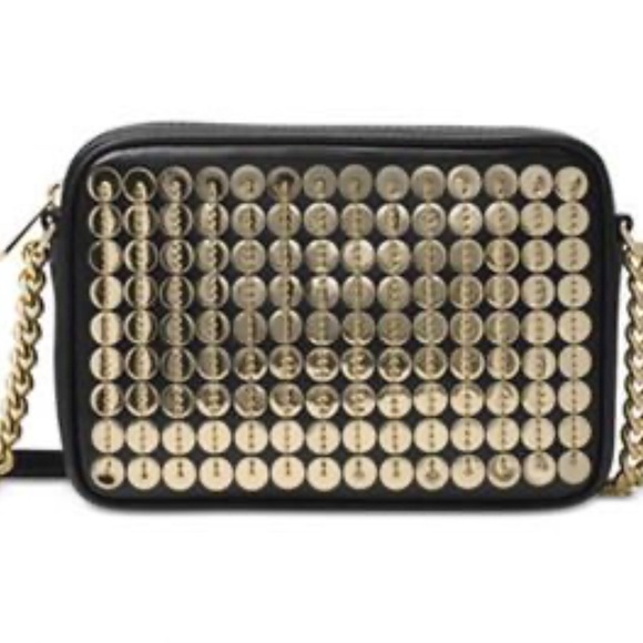 MICHAEL KORS GOLD SEQUINS POUCHS Black Leather Gold Chain Bag NEW - Picture 1 of 5